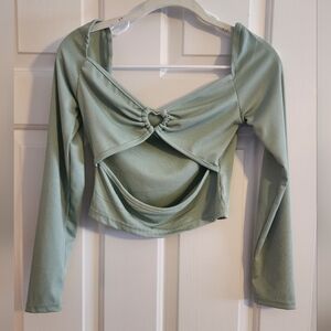 Elegant Green With Heart Tie Long Sleeve Women's Crop Top